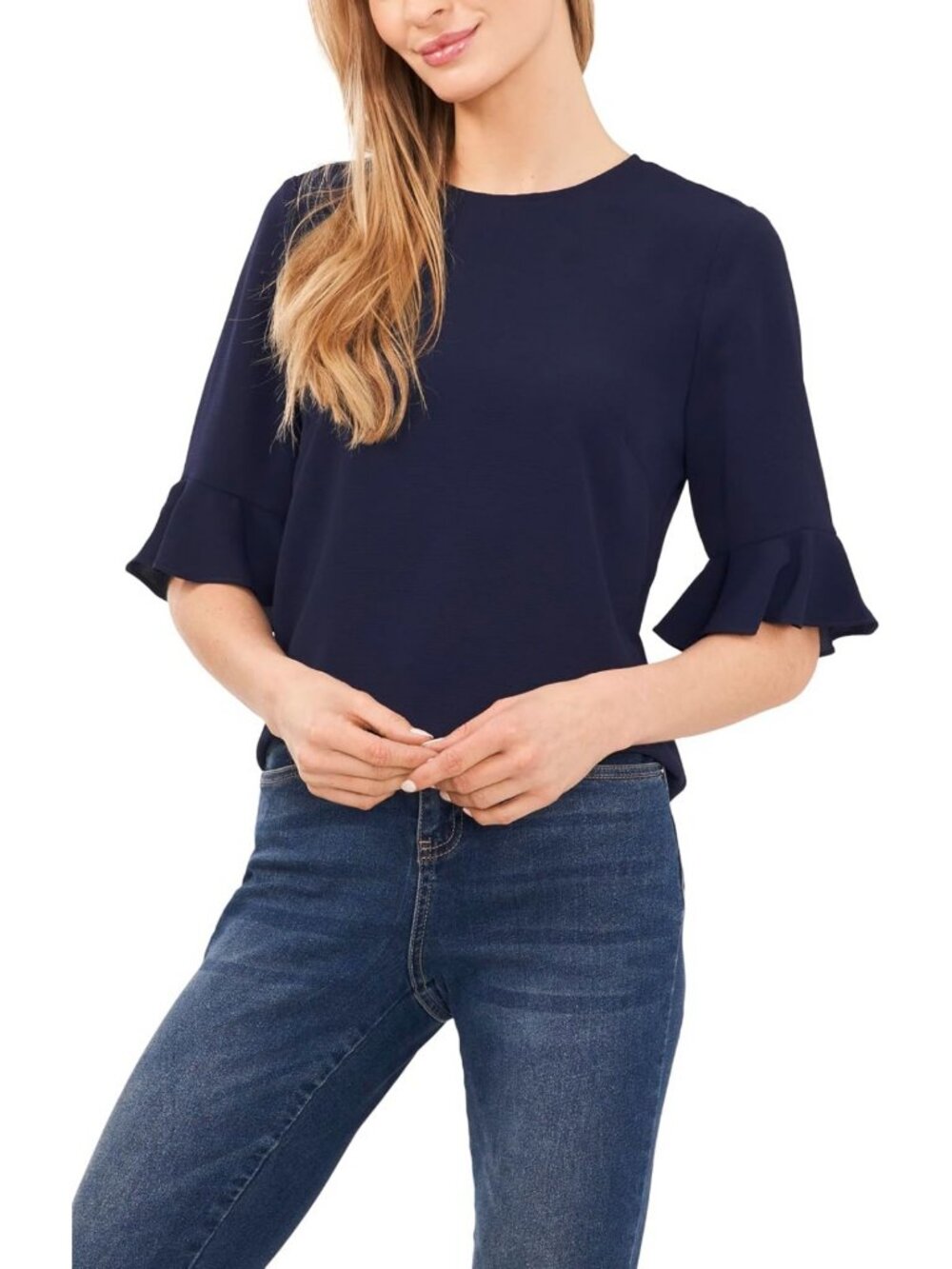 Chic Short Sleeve Ruffle Cuff Crew Neck Blouse - Stylish Casual Top for Every